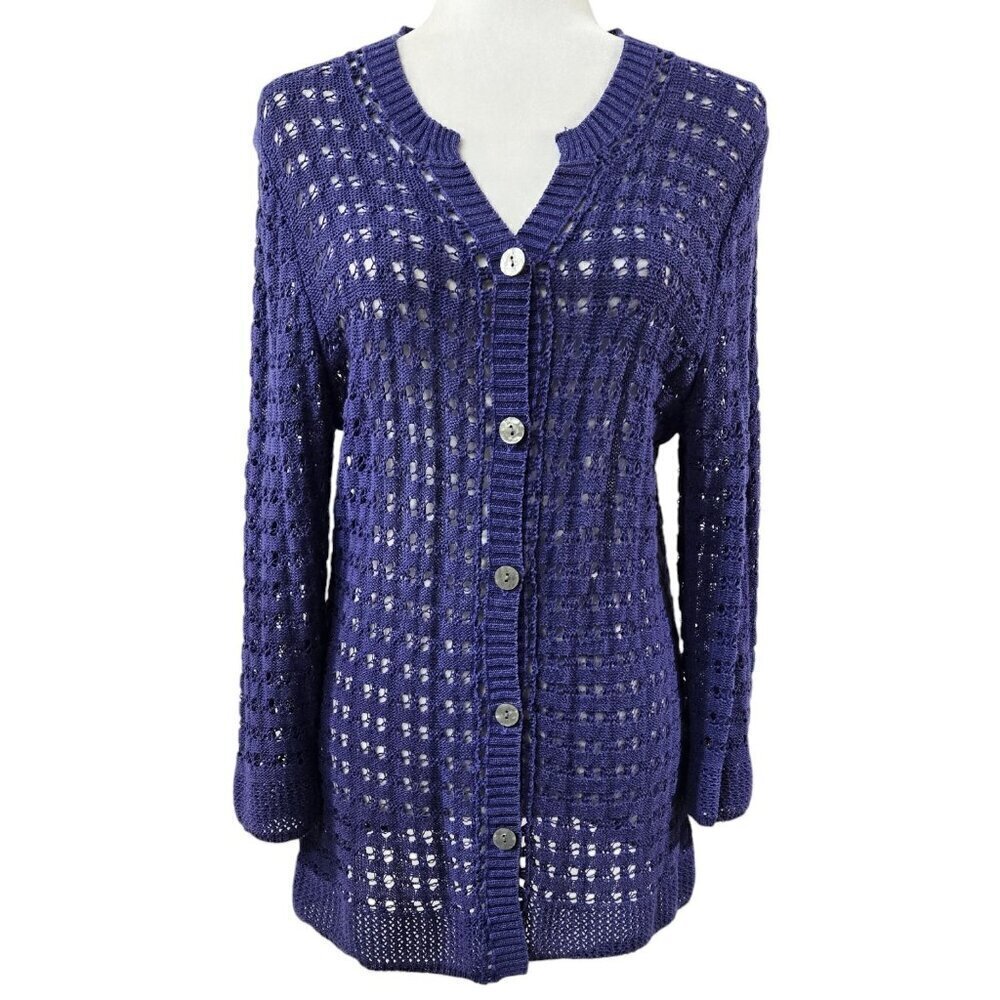 Coldwater Creek Violet Purple Pointelle Open Front Button-Up Cardigan Boho